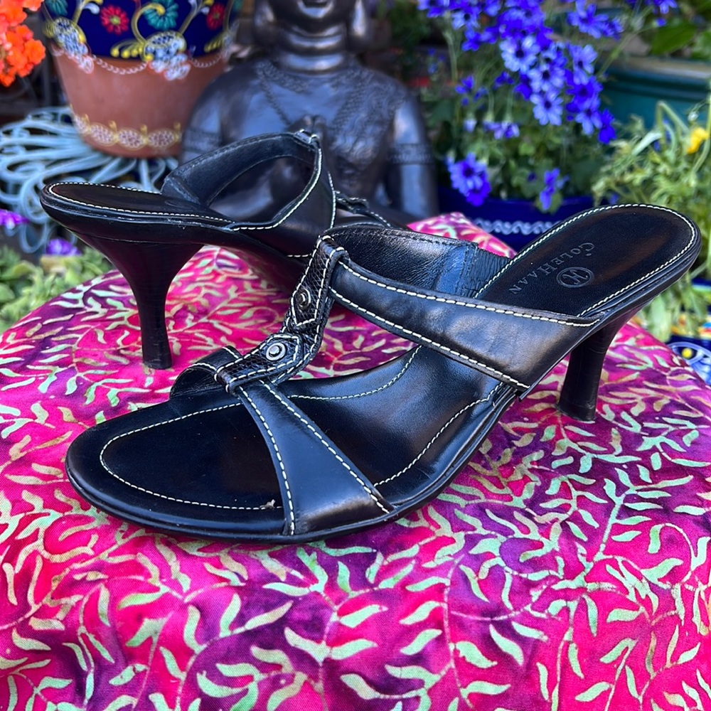 Cole Haan Black Leather Slip On Slip On Heeled Sandals
